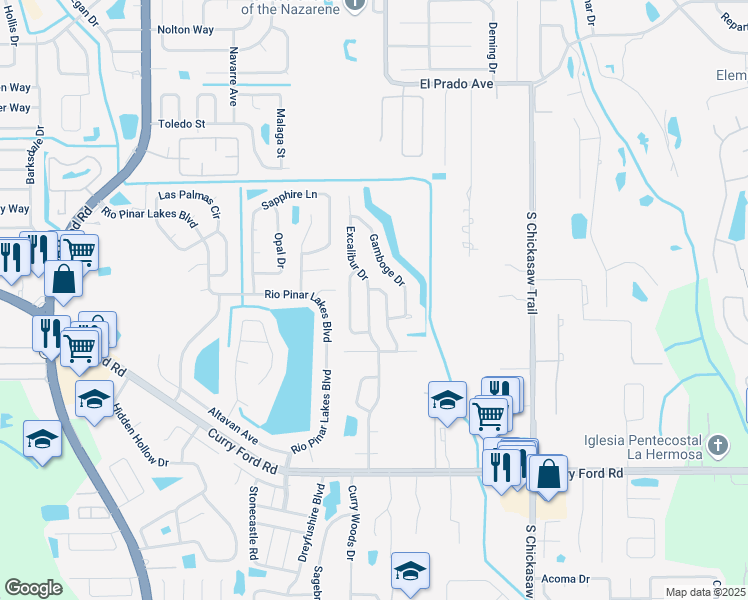 map of restaurants, bars, coffee shops, grocery stores, and more near 2039 Excalibur Drive in Orlando