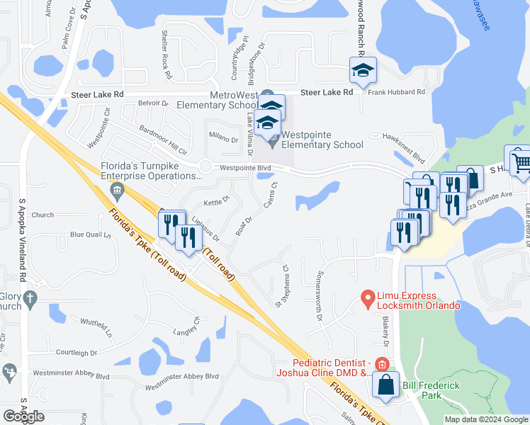 map of restaurants, bars, coffee shops, grocery stores, and more near 2301 Roat Drive in Orlando