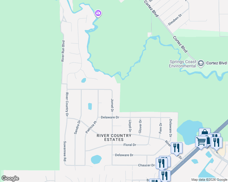 map of restaurants, bars, coffee shops, grocery stores, and more near 7517 Jomel Drive in Weeki Wachee