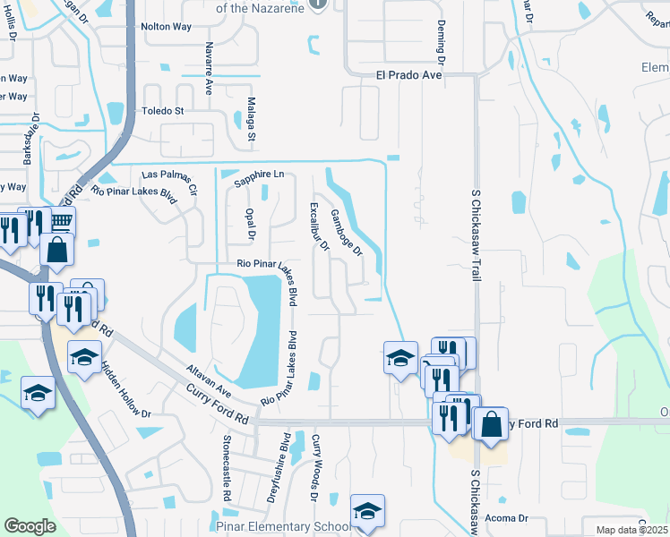 map of restaurants, bars, coffee shops, grocery stores, and more near 2039 Excalibur Drive in Orlando