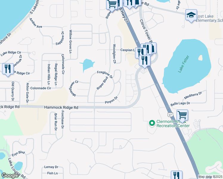 map of restaurants, bars, coffee shops, grocery stores, and more near 11800 Foxglove Drive in Clermont