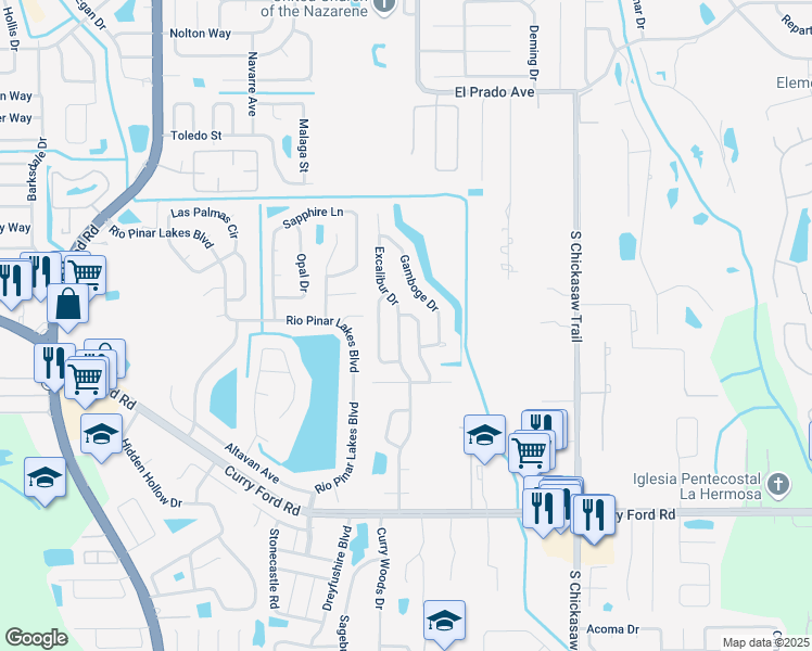map of restaurants, bars, coffee shops, grocery stores, and more near 2039 Excalibur Drive in Orlando