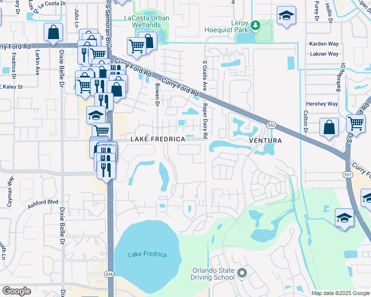 map of restaurants, bars, coffee shops, grocery stores, and more near 5938 Village Circle North in Orlando