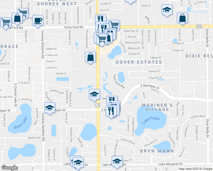 map of restaurants, bars, coffee shops, grocery stores, and more near 2409 South Conway Road in Orlando