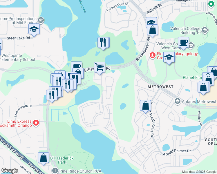 map of restaurants, bars, coffee shops, grocery stores, and more near 2215 Lake Debra Drive in Orlando