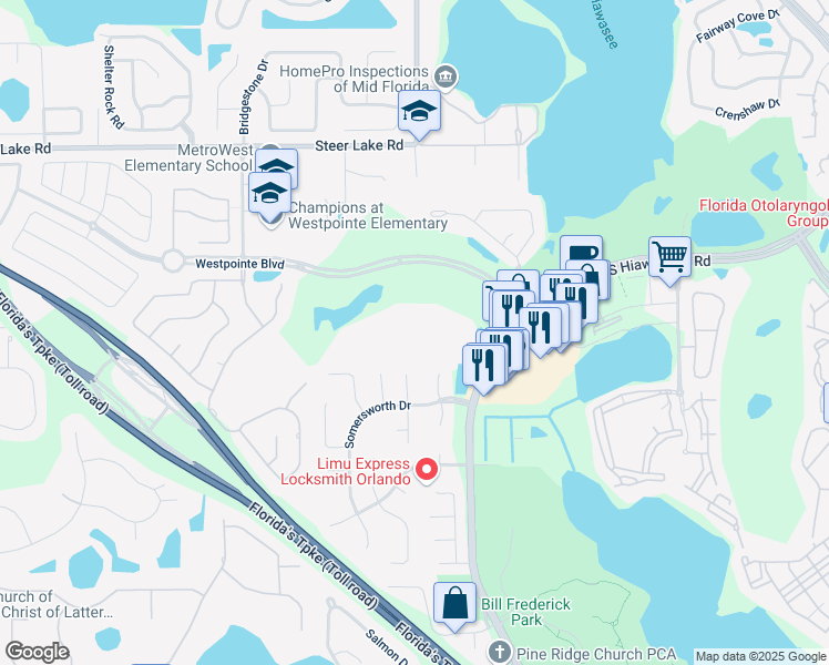 map of restaurants, bars, coffee shops, grocery stores, and more near 7250 Westpointe Boulevard in Orlando
