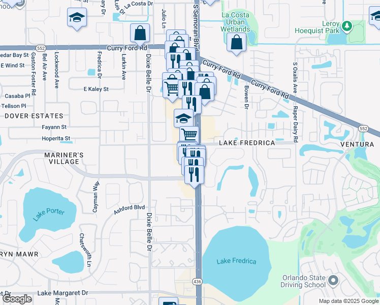 map of restaurants, bars, coffee shops, grocery stores, and more near 2322 South Semoran Boulevard in Orlando