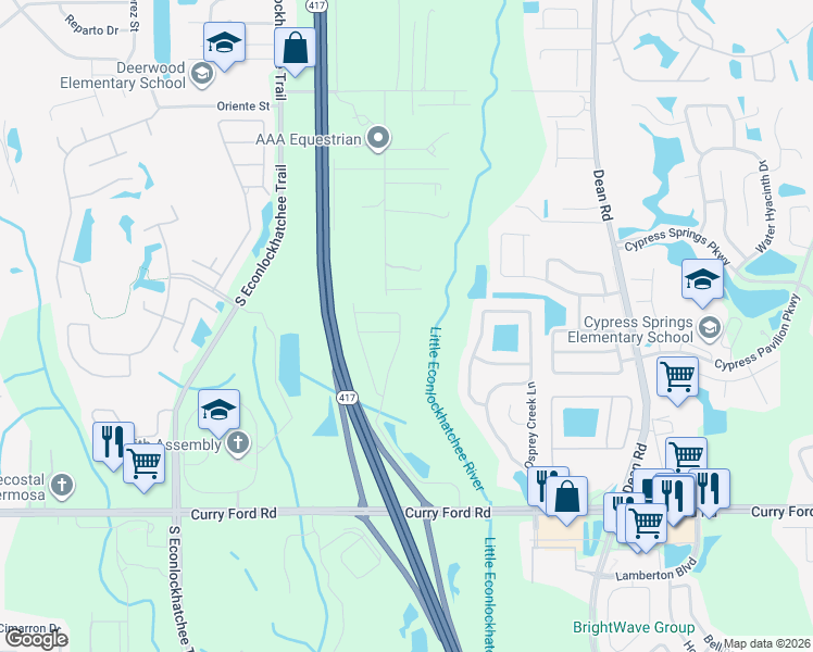 map of restaurants, bars, coffee shops, grocery stores, and more near 2725 Econ Landing Boulevard in Orlando