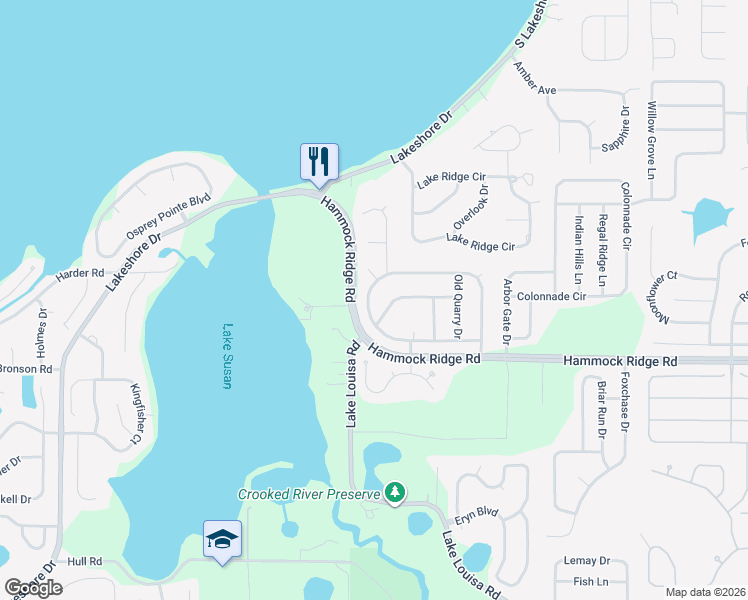 map of restaurants, bars, coffee shops, grocery stores, and more near 12549 Hammock Pointe Circle in Clermont