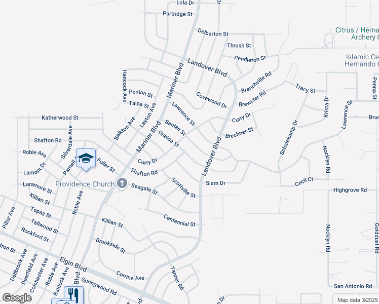 map of restaurants, bars, coffee shops, grocery stores, and more near 13033 Oneida Street in Spring Hill