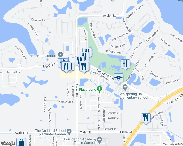 map of restaurants, bars, coffee shops, grocery stores, and more near 15326 Harrowgate Way in Winter Garden