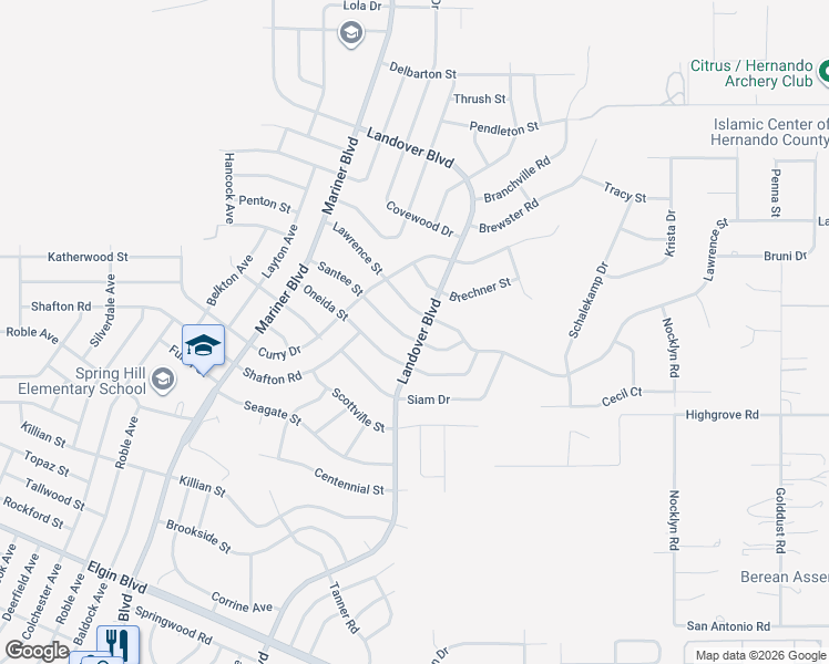 map of restaurants, bars, coffee shops, grocery stores, and more near 13109 Santee Street in Spring Hill