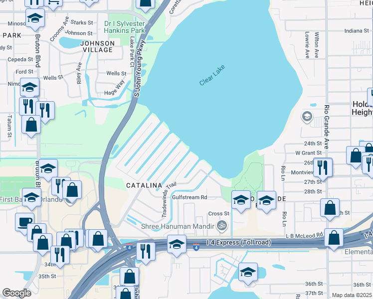 map of restaurants, bars, coffee shops, grocery stores, and more near 2405 Sea Breeze Court in Orlando