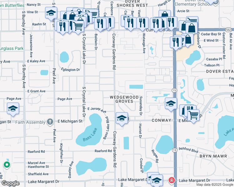 map of restaurants, bars, coffee shops, grocery stores, and more near 2412 Donaldson Drive in Orlando
