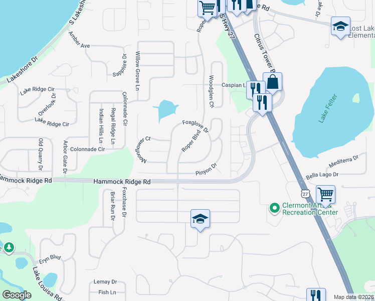 map of restaurants, bars, coffee shops, grocery stores, and more near 11610 Roper Boulevard in Clermont