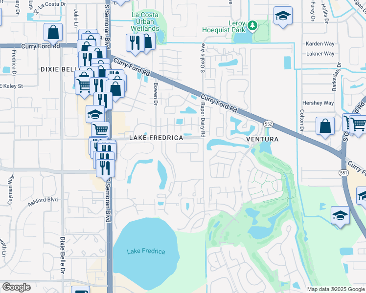 map of restaurants, bars, coffee shops, grocery stores, and more near 5938 Village Circle North in Orlando