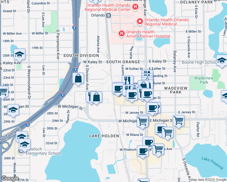 map of restaurants, bars, coffee shops, grocery stores, and more near West Grant Street in Orlando