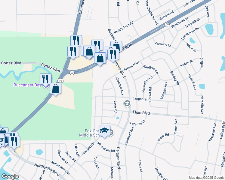 map of restaurants, bars, coffee shops, grocery stores, and more near 6115 Lyon Road in Spring Hill