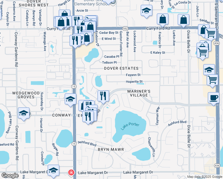 map of restaurants, bars, coffee shops, grocery stores, and more near 9 Coachmans Drive in Orlando