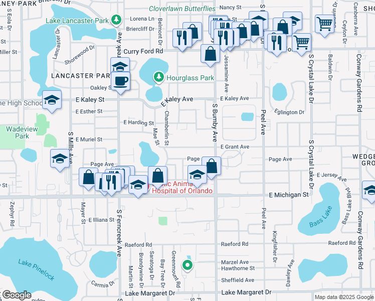 map of restaurants, bars, coffee shops, grocery stores, and more near 2100 East Grant Avenue in Orlando