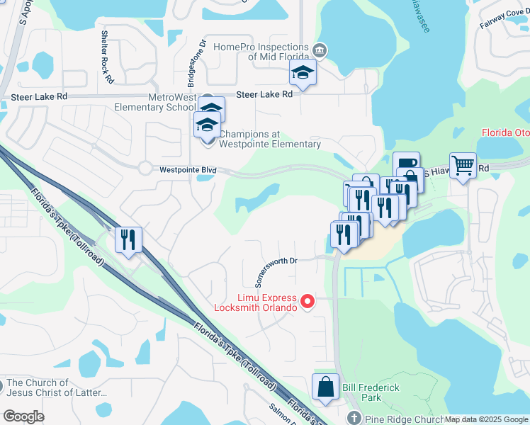 map of restaurants, bars, coffee shops, grocery stores, and more near 7310 Westpointe Boulevard in Orlando