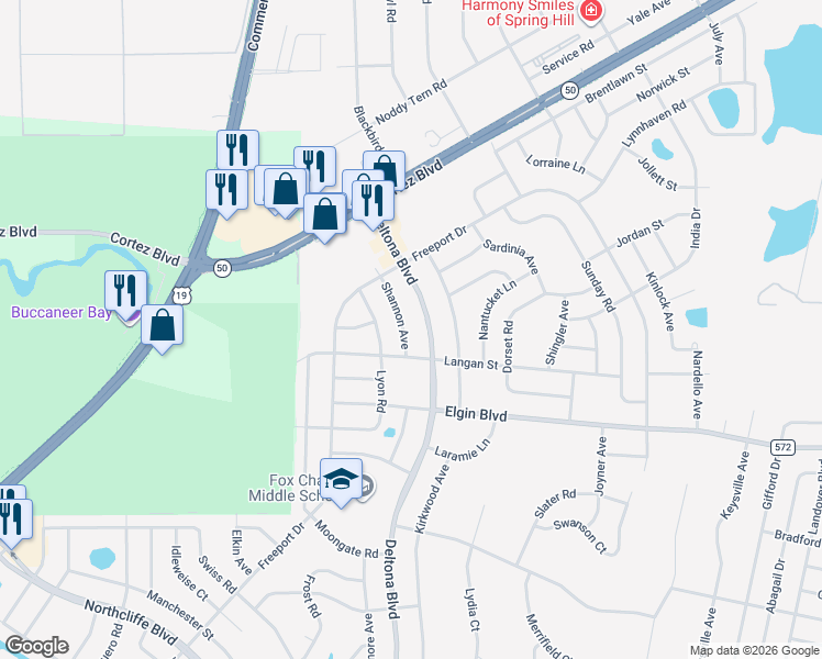 map of restaurants, bars, coffee shops, grocery stores, and more near 6090 Shannon Avenue in Spring Hill