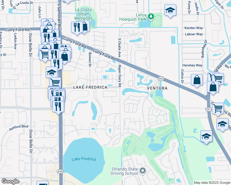 map of restaurants, bars, coffee shops, grocery stores, and more near 6034 Village Circle North in Orlando