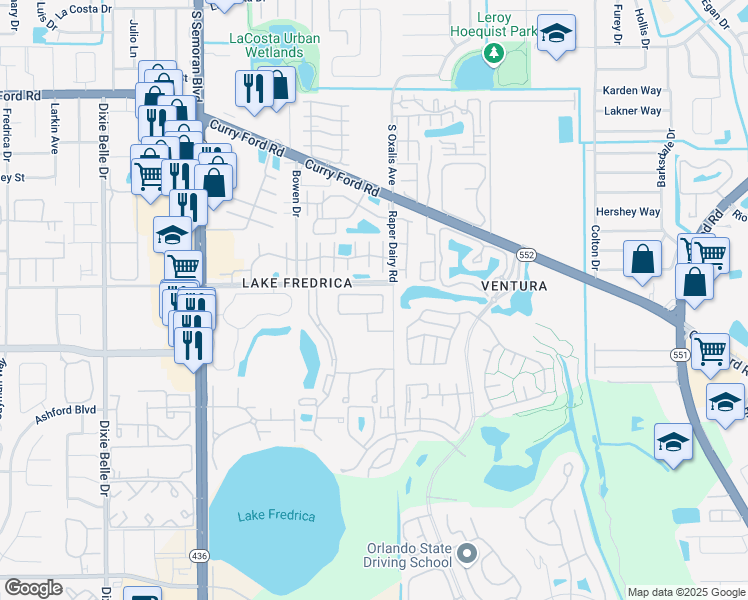 map of restaurants, bars, coffee shops, grocery stores, and more near 6034 Village Circle North in Orlando