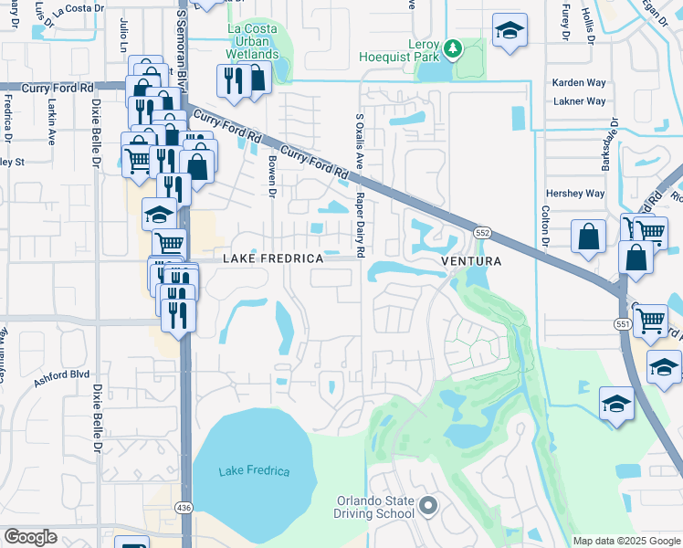 map of restaurants, bars, coffee shops, grocery stores, and more near 6034 Village Circle North in Orlando