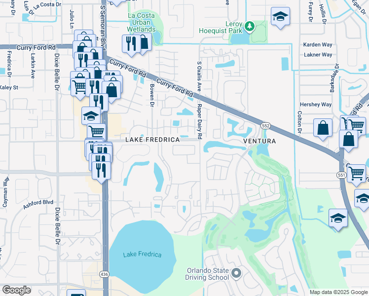 map of restaurants, bars, coffee shops, grocery stores, and more near 6034 Village Circle North in Orlando