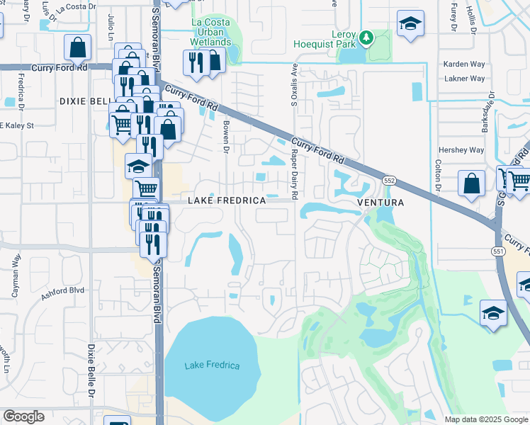 map of restaurants, bars, coffee shops, grocery stores, and more near 5938 Village Circle North in Orlando
