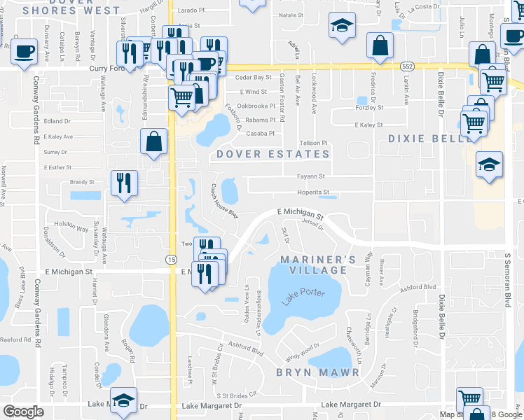 map of restaurants, bars, coffee shops, grocery stores, and more near 9 Coachmans Drive in Orlando