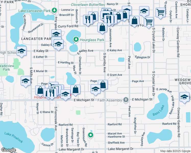 map of restaurants, bars, coffee shops, grocery stores, and more near 2200 East Grant Street in Orlando