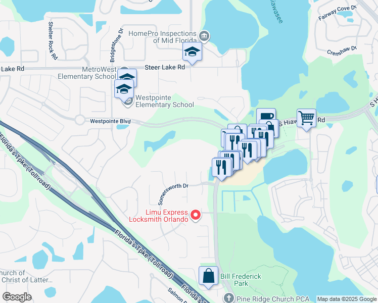 map of restaurants, bars, coffee shops, grocery stores, and more near 7360 Westpointe Boulevard in Orlando