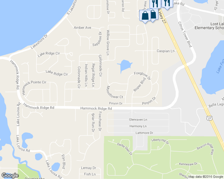 map of restaurants, bars, coffee shops, grocery stores, and more near 13153 Moonflower Court in Clermont