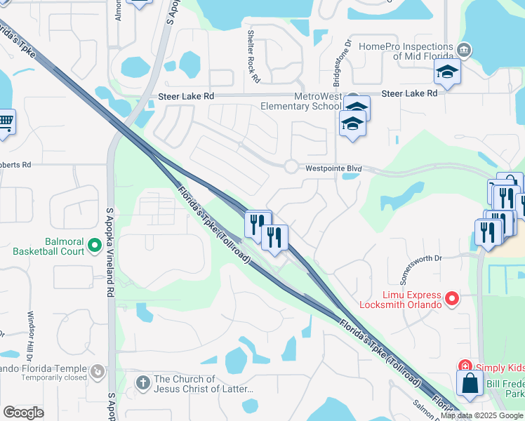 map of restaurants, bars, coffee shops, grocery stores, and more near 2312 Lielasus Drive in Orlando