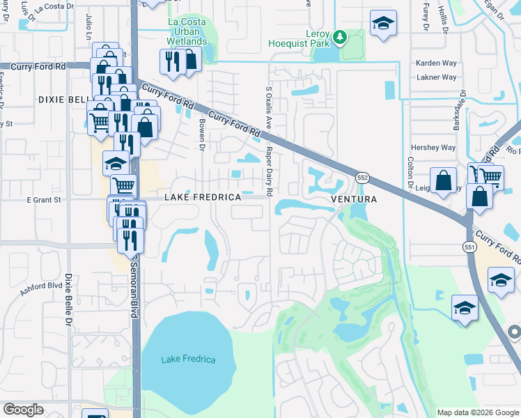 map of restaurants, bars, coffee shops, grocery stores, and more near 6050 Village Circle North in Orlando
