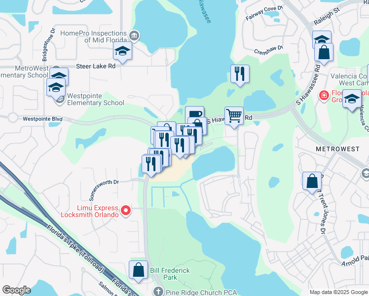 map of restaurants, bars, coffee shops, grocery stores, and more near 7065 Westpointe Boulevard in Orlando