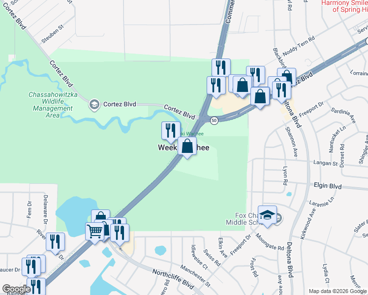 map of restaurants, bars, coffee shops, grocery stores, and more near in Weeki Wachee