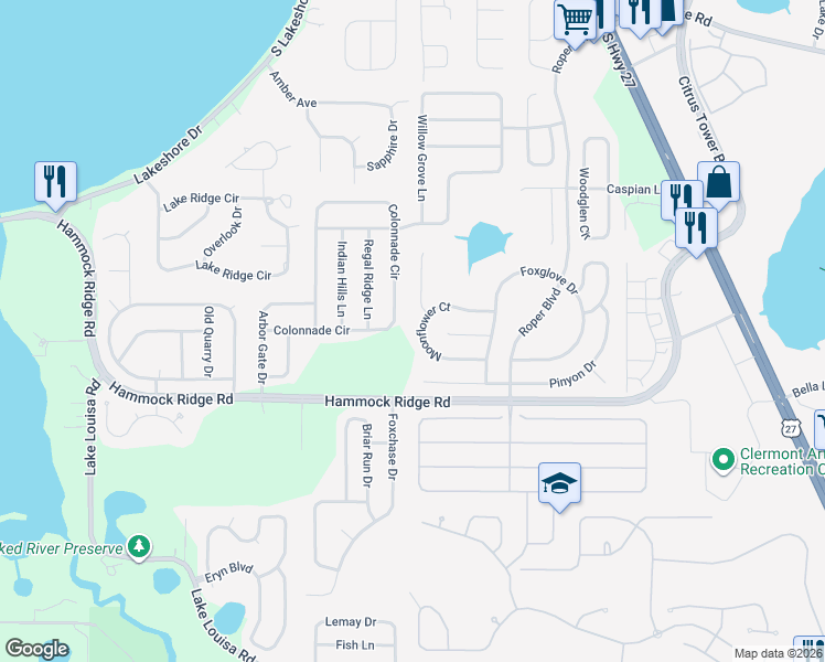 map of restaurants, bars, coffee shops, grocery stores, and more near 13153 Moonflower Court in Clermont
