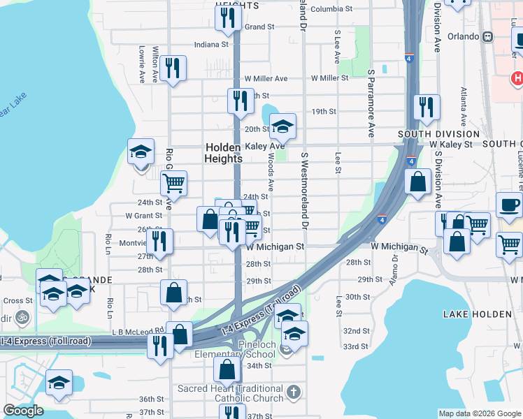 map of restaurants, bars, coffee shops, grocery stores, and more near 1223 25th Street in Orlando