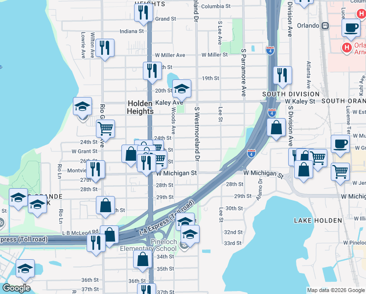 map of restaurants, bars, coffee shops, grocery stores, and more near 1043 25th Street in Orlando