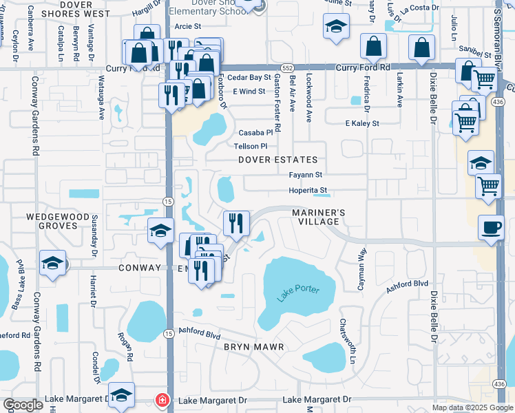map of restaurants, bars, coffee shops, grocery stores, and more near 9 Coachmans Drive in Orlando