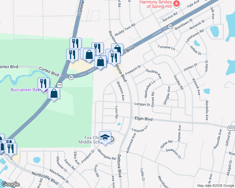 map of restaurants, bars, coffee shops, grocery stores, and more near 6115 Lyon Road in Spring Hill