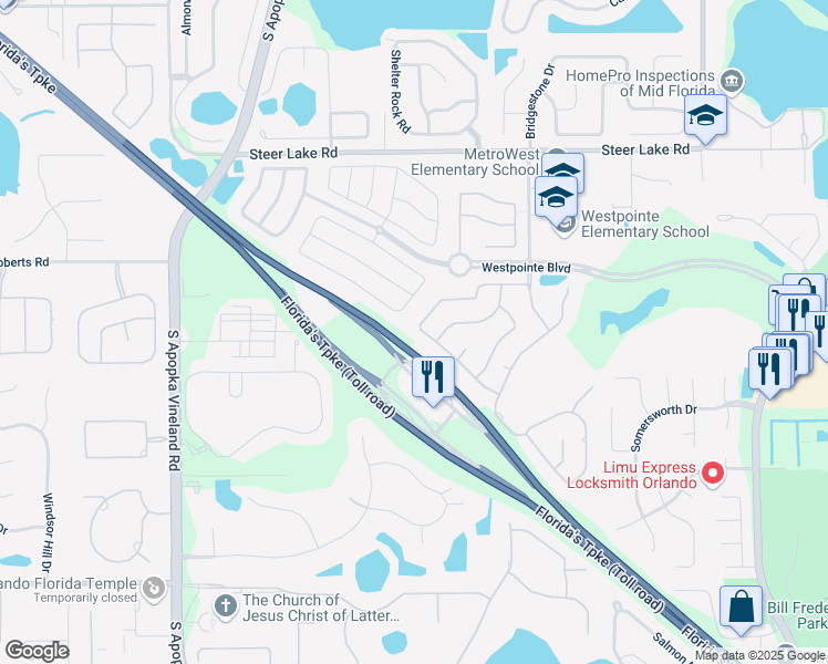 map of restaurants, bars, coffee shops, grocery stores, and more near 2312 Lielasus Drive in Orlando