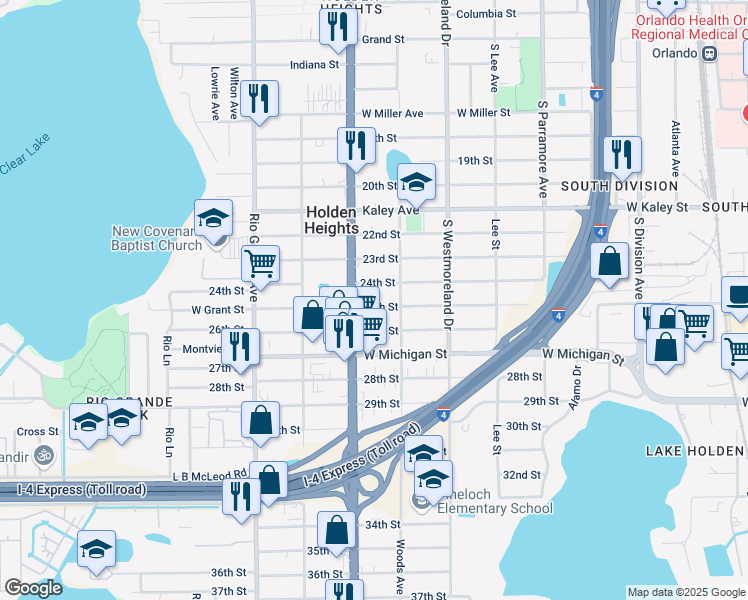 map of restaurants, bars, coffee shops, grocery stores, and more near 1223 25th Street in Orlando