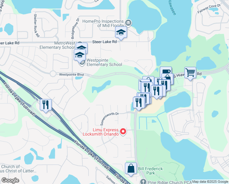 map of restaurants, bars, coffee shops, grocery stores, and more near 7350 Westpointe Boulevard in Orlando