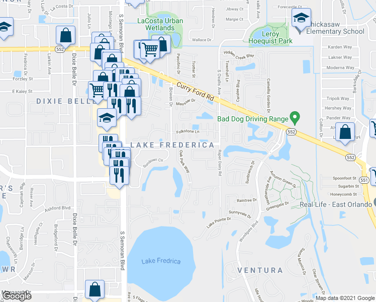 map of restaurants, bars, coffee shops, grocery stores, and more near 5938 Village Circle North in Orlando