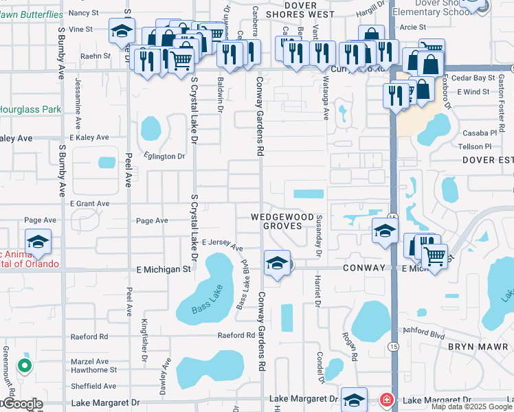 map of restaurants, bars, coffee shops, grocery stores, and more near 2412 Donaldson Drive in Orlando