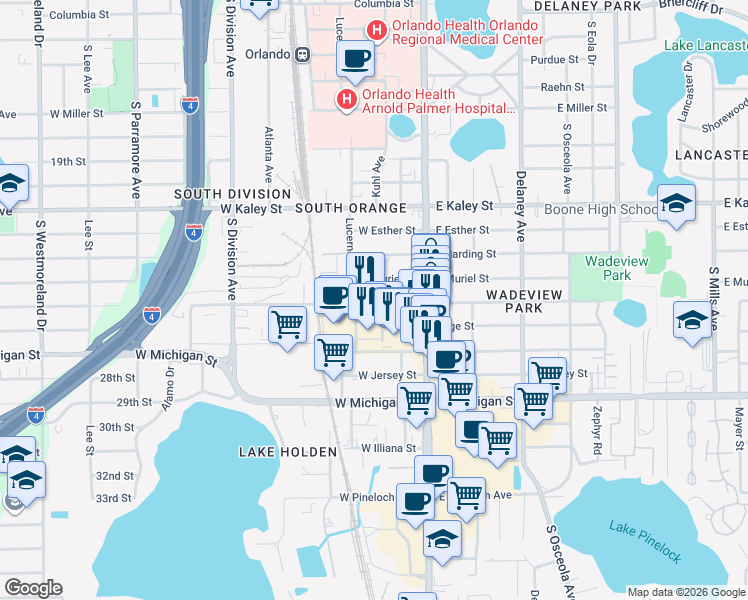map of restaurants, bars, coffee shops, grocery stores, and more near 101 West Grant Street in Orlando